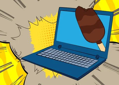 Cartoon Laptop, comic book Notebook with Ice Cream. Retro vector comics pop.. Stock Illustration