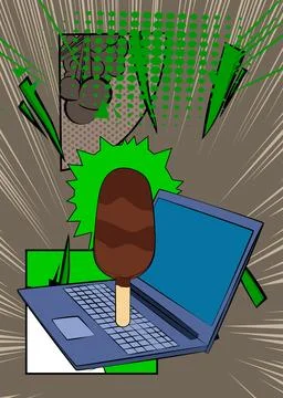 Cartoon Laptop, comic book Notebook with Ice Cream. Retro vector comics pop.. Stock-Illustration