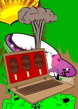 Cartoon Laptop, comic book Notebook with Ice Cream. Retro vector comics pop.. Stock Illustration