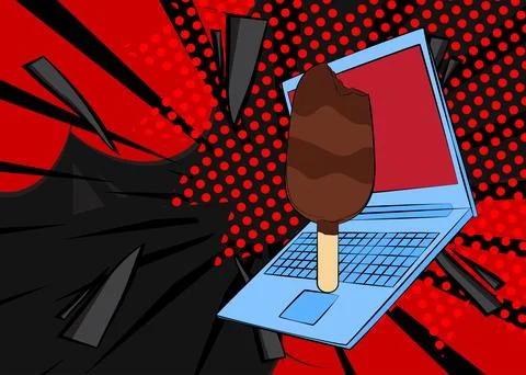 Cartoon Laptop, comic book Notebook with Ice Cream. Retro vector comics pop.. Stock Illustration