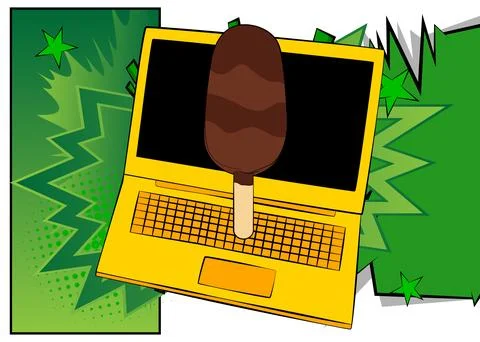 Cartoon Laptop, comic book Notebook with Ice Cream. Retro vector comics pop.. Stock-Illustration