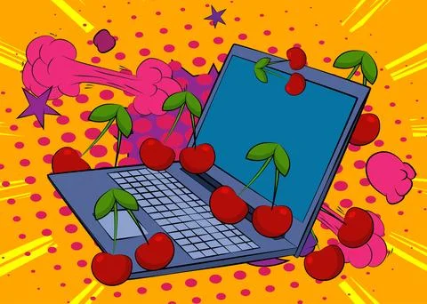 Cartoon Laptop, comic book Notebook with Cherry. Retro vector comics pop ar.. Stock Illustration