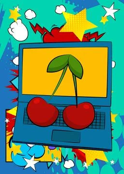 Cartoon Laptop, comic book Notebook with Cherry. Retro vector comics pop ar.. Stock Illustration