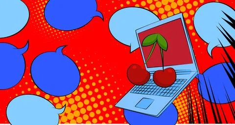 Cartoon Laptop, comic book Notebook with Cherry. Retro vector comics pop ar.. Illustrazione stock