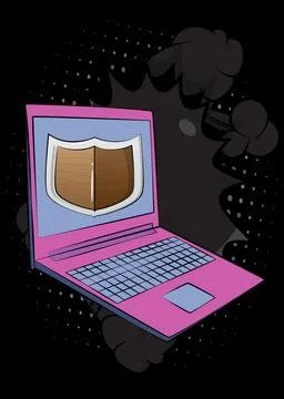 Cartoon Laptop, comic book Notebook with Shield. Retro vector comics pop ar.. Stock Illustration