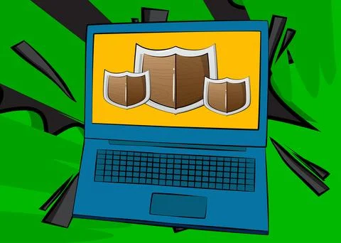 Cartoon Laptop, comic book Notebook with Shield. Retro vector comics pop ar.. Stock Illustration