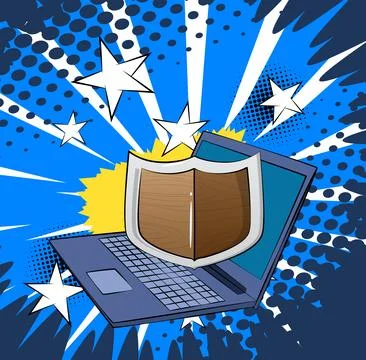 Cartoon Laptop, comic book Notebook with Shield. Retro vector comics pop ar.. Stock Illustration
