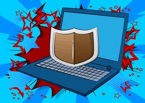 Cartoon Laptop, comic book Notebook with Shield. Retro vector comics pop ar.. Stock Illustration