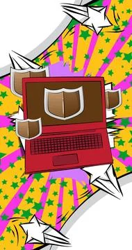 Cartoon Laptop, comic book Notebook with Shield. Retro vector comics pop ar.. Stock Illustration