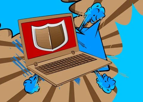 Cartoon Laptop, comic book Notebook with Shield. Retro vector comics pop ar.. Stock Illustration