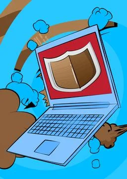 Cartoon Laptop, comic book Notebook with Shield. Retro vector comics pop ar.. Stock Illustration