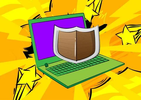 Cartoon Laptop, comic book Notebook with Shield. Retro vector comics pop ar.. Stock Illustration
