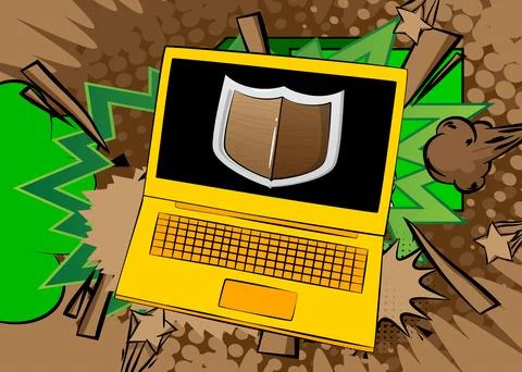 Cartoon Laptop, comic book Notebook with Shield. Retro vector comics pop ar.. Stock Illustration