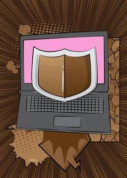 Cartoon Laptop, comic book Notebook with Shield. Retro vector comics pop ar.. Stock Illustration