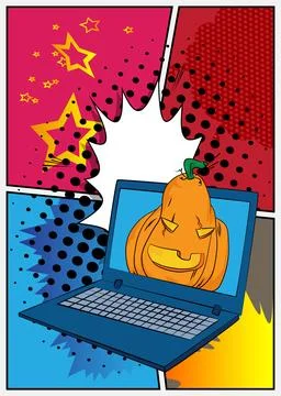 Cartoon Laptop, comic book Notebook with Jack-O-Lantern, Halloween Pumpkin... Stock Illustration
