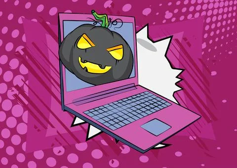 Cartoon Laptop, comic book Notebook with Jack-O-Lantern, Halloween Pumpkin... Stock Illustration