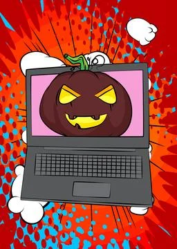 Cartoon Laptop, comic book Notebook with Jack-O-Lantern, Halloween Pumpkin... Stock Illustration