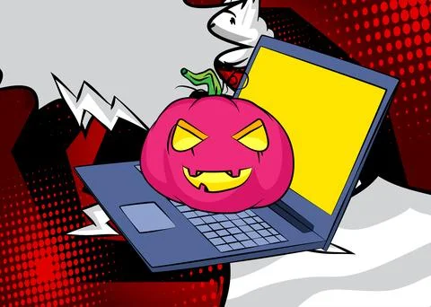 Cartoon Laptop, comic book Notebook with Jack-O-Lantern, Halloween Pumpkin... Stock Illustration
