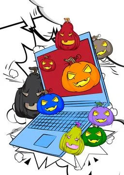 Cartoon Laptop, comic book Notebook with Jack-O-Lantern, Halloween Pumpkin... Stock Illustration