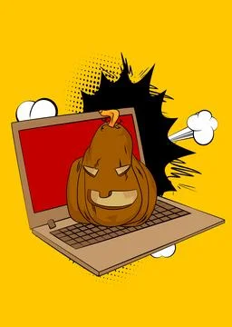Cartoon Laptop, comic book Notebook with Jack-O-Lantern, Halloween Pumpkin... Stock Illustration