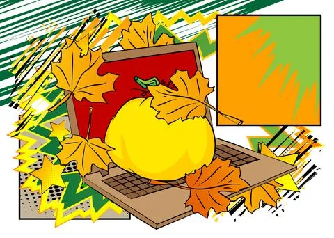 Cartoon Laptop, comic book Notebook with Thanksgiving pumpkin and Autumn le.. Stockillustratie