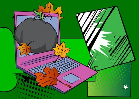 Cartoon Laptop, comic book Notebook with Thanksgiving pumpkin and Autumn le.. イラスト素材