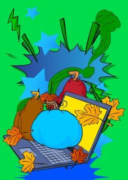Cartoon Laptop, comic book Notebook with Thanksgiving pumpkin and Autumn le.. Stock Illustration