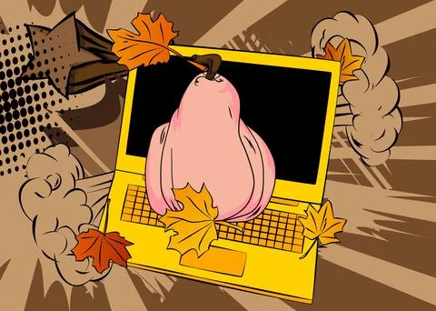 Cartoon Laptop, comic book Notebook with Thanksgiving pumpkin and Autumn le.. Stock Illustration