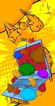 Cartoon Laptop, comic book Notebook with Thanksgiving pumpkin and Autumn le.. Stockillustratie
