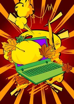 Cartoon Laptop, comic book Notebook with Thanksgiving pumpkin and Autumn le.. Stock Illustration