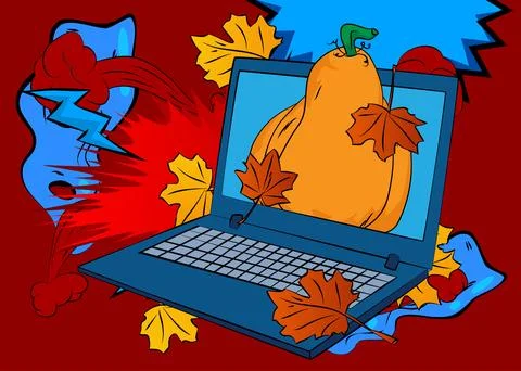 Cartoon Laptop, comic book Notebook with Thanksgiving pumpkin and Autumn le.. Illustrazione stock