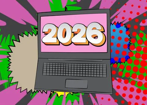 Cartoon Laptop, comic book Notebook with 2026. Retro vector comics pop art .. Stock-Illustration