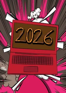 Cartoon Laptop, comic book Notebook with 2026. Retro vector comics pop art .. Stock Illustration