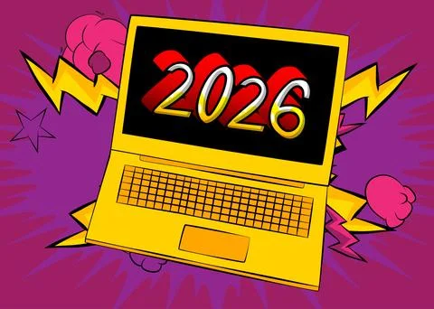 Cartoon Laptop, comic book Notebook with 2026. Retro vector comics pop art .. Stock Illustration