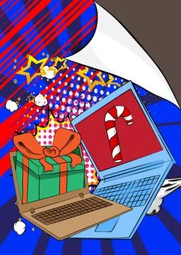 Cartoon Laptop, comic book Notebook with Gift Box and Candy cane. Retro vec.. 스톡 일러스트