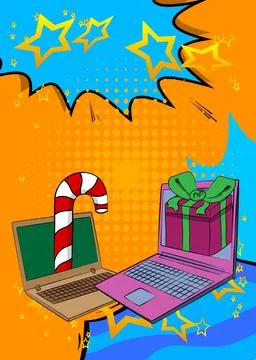 Cartoon Laptop, comic book Notebook with Gift Box and Candy cane. Retro vec.. Stock Illustration
