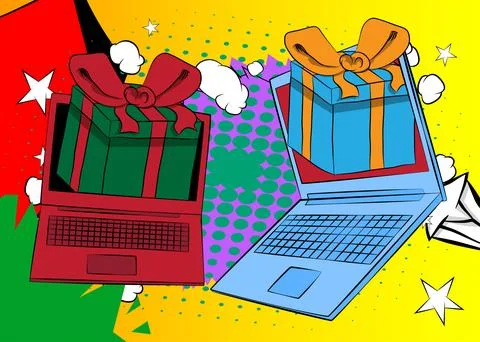 Cartoon Laptop, comic book Notebook with Gift Box and Candy cane. Retro vec.. Stock Illustration