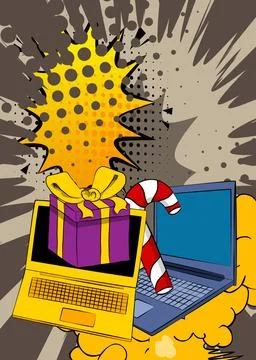 Cartoon Laptop, comic book Notebook with Gift Box and Candy cane. Retro vec.. Stock Illustration