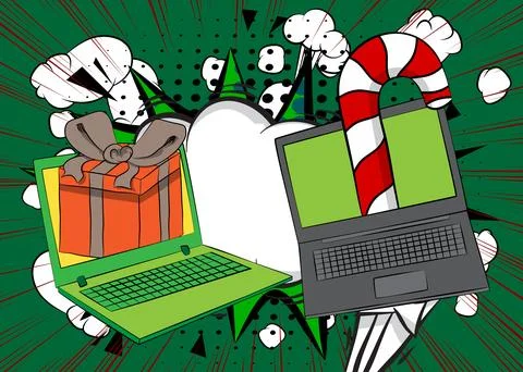 Cartoon Laptop, comic book Notebook with Gift Box and Candy cane. Retro vec.. Stock Illustration