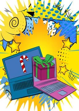 Cartoon Laptop, comic book Notebook with Gift Box and Candy cane. Retro vec.. Illustrazione stock