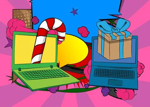 Cartoon Laptop, comic book Notebook with Gift Box and Candy cane. Retro vec.. Stock Illustration
