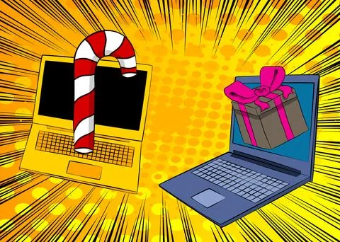 Cartoon Laptop, comic book Notebook with Gift Box and Candy cane. Retro vec.. Stock Illustration