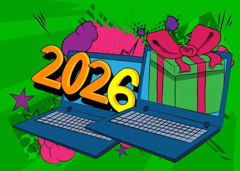 Cartoon Laptop, comic book Notebook with Gift Box and number 2026. Retro ve.. Illustrazione stock