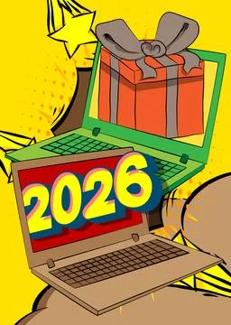 Cartoon Laptop, comic book Notebook with Gift Box and number 2026. Retro ve.. Stock Illustration