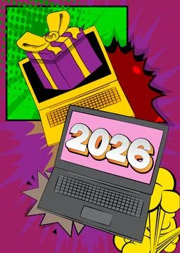 Cartoon Laptop, comic book Notebook with Gift Box and number 2026. Retro ve.. Stock Illustration