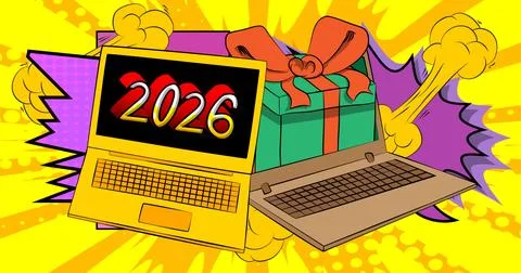 Cartoon Laptop, comic book Notebook with Gift Box and number 2026. Retro ve.. Stock Illustration