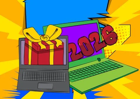 Cartoon Laptop, comic book Notebook with Gift Box and number 2026. Retro ve.. Stock Illustration