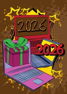 Cartoon Laptop, comic book Notebook with Gift Box and number 2026. Retro ve.. Stock Illustration