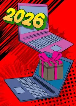 Cartoon Laptop, comic book Notebook with Gift Box and number 2026. Retro ve.. Illustrazione stock
