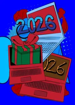 Cartoon Laptop, comic book Notebook with Gift Box and number 2026. Retro ve.. Stock Illustration